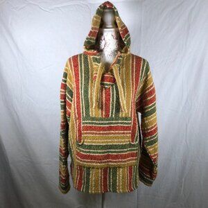 🌵Artisan Woven Baja Hoodie – Gold, Olive & Red Serape Pullover | L